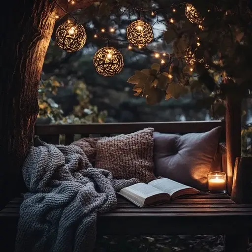 Cosy evening reading nook with warm lamplight