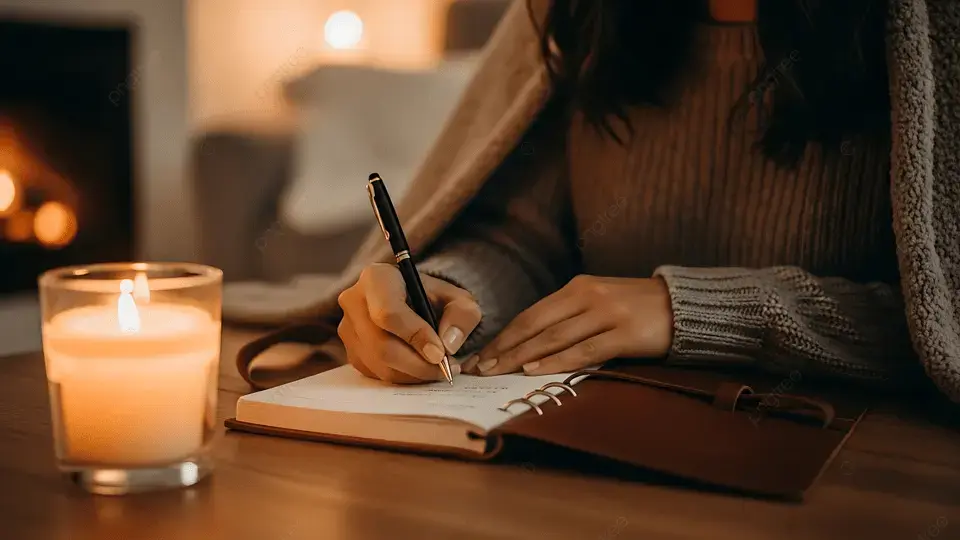 Person journalling by candlelight during evening routine